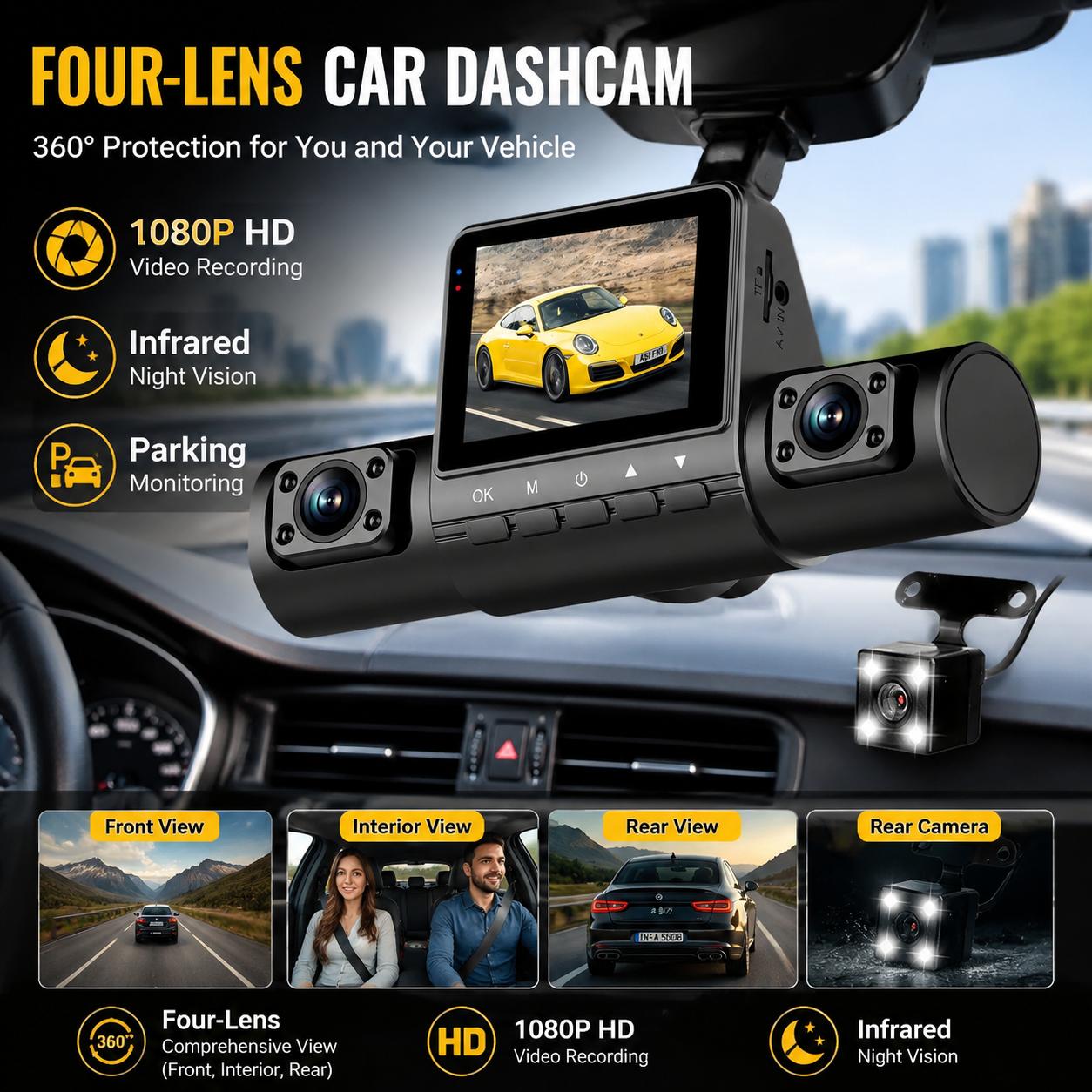 Kamera Dasbor 4 Lensa 1080P Fu - Panoramic Dash Cam 360 ulasan dan harga